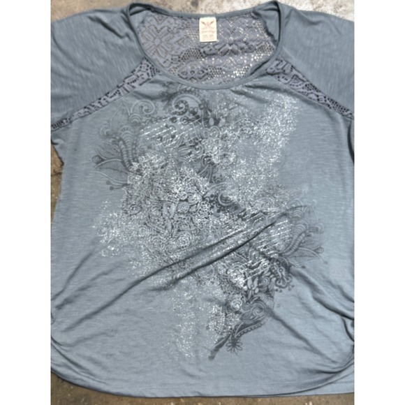 Faded Glory Women XXL 20 Gray Lace Back Ruched T-Shirt Silver Glitter Y2K Top - Picture 7 of 10